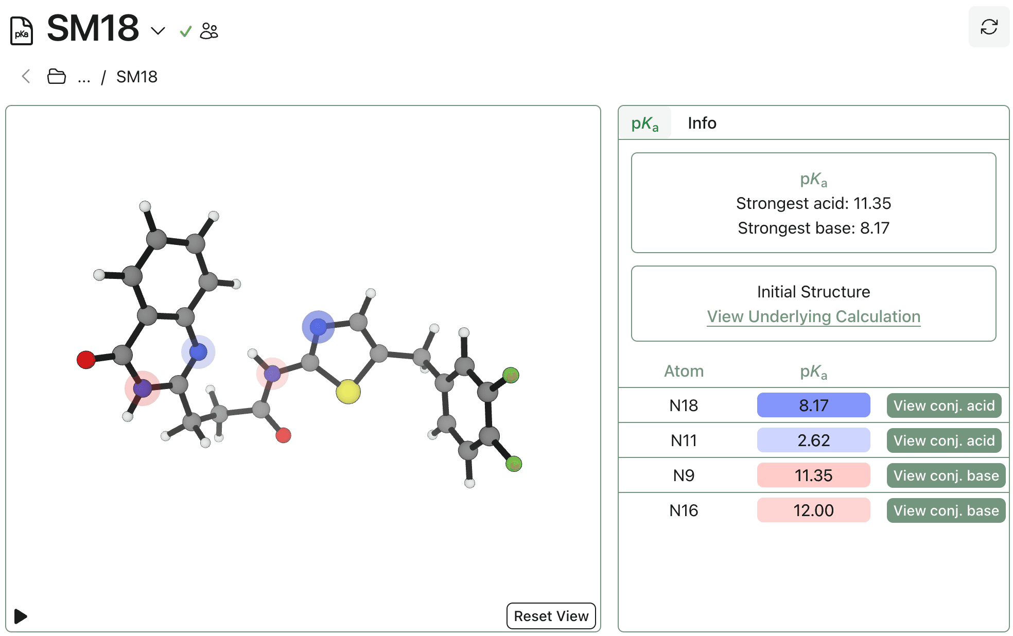 A screenshot of a pKa prediction in Rowan.