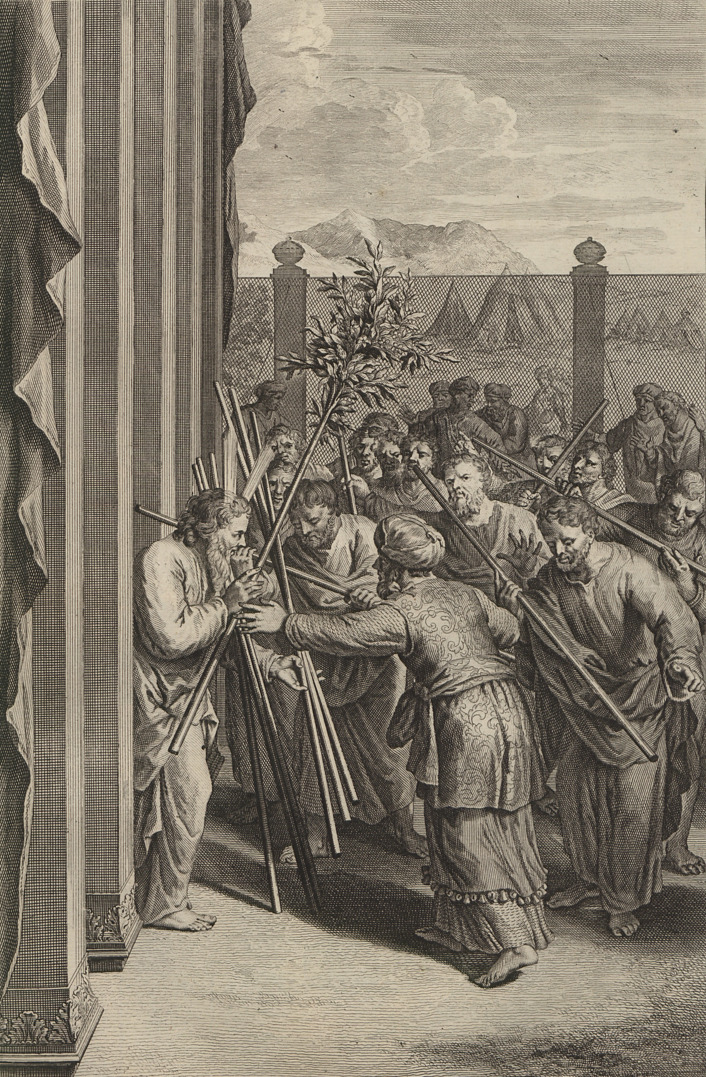 An engraving of Aaron's rod budding before Moses and the Israelites.