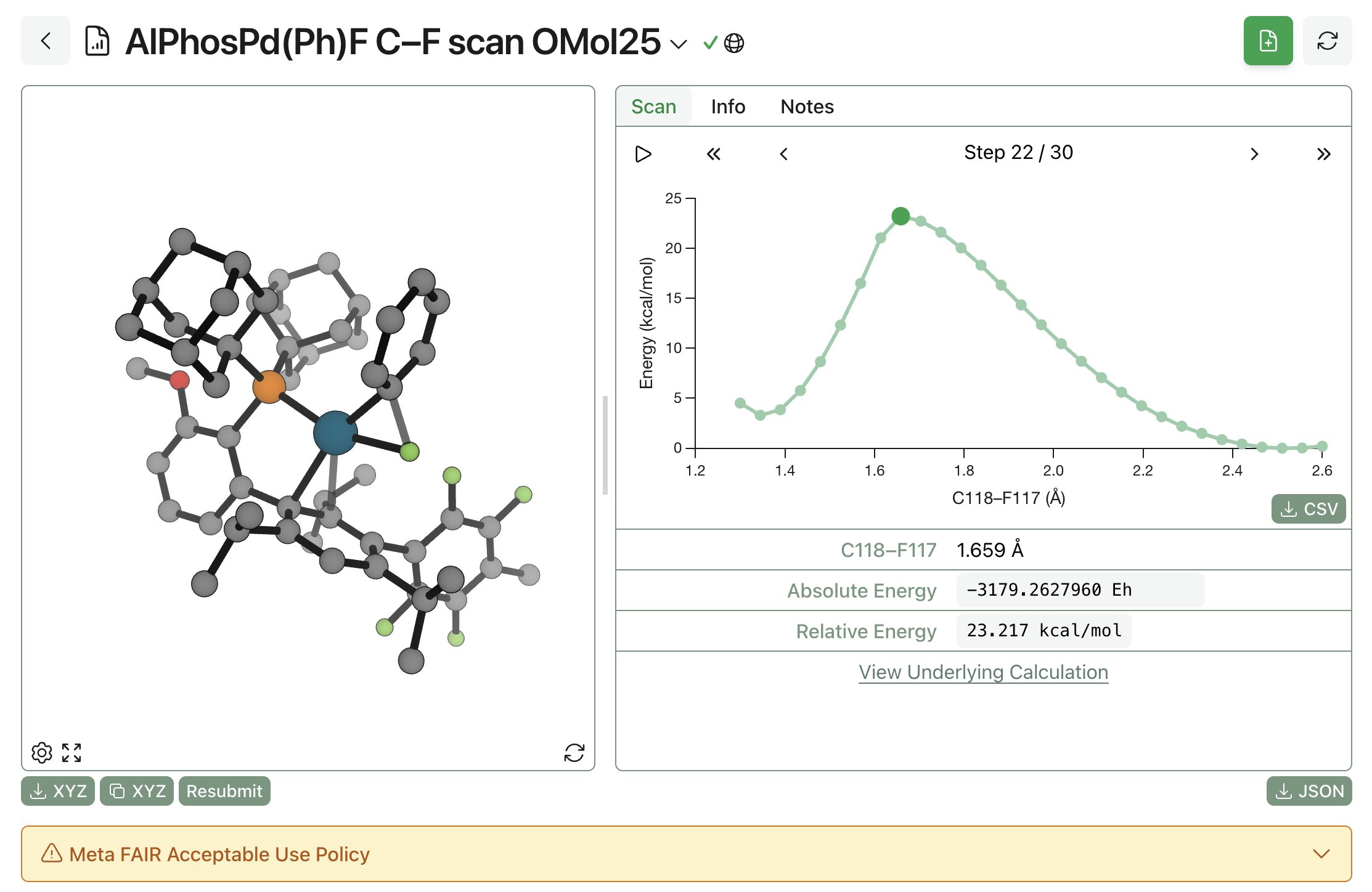 The approximate barrier height of a palladium-mediated reductive elimination, computed using OMol25's small conserving eSEN model on the Rowan platform