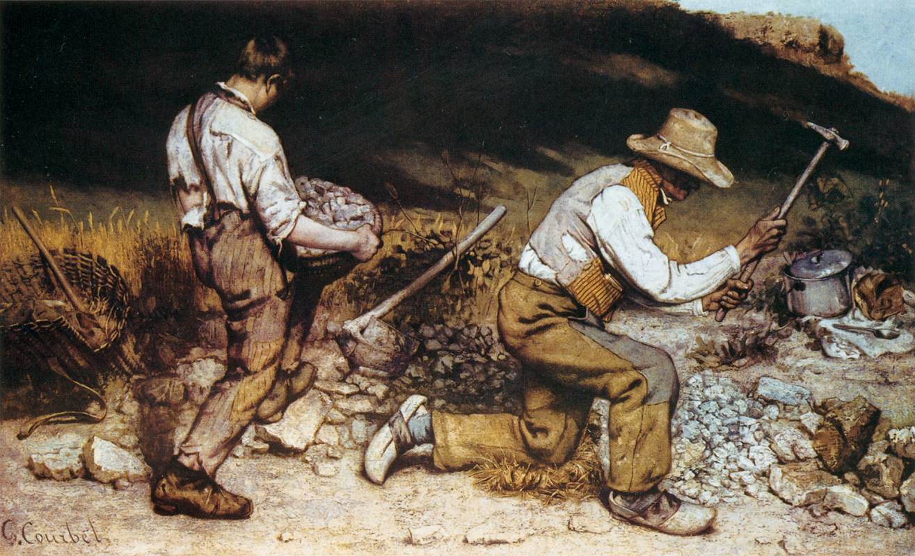 Workers breaking stones with hammers.