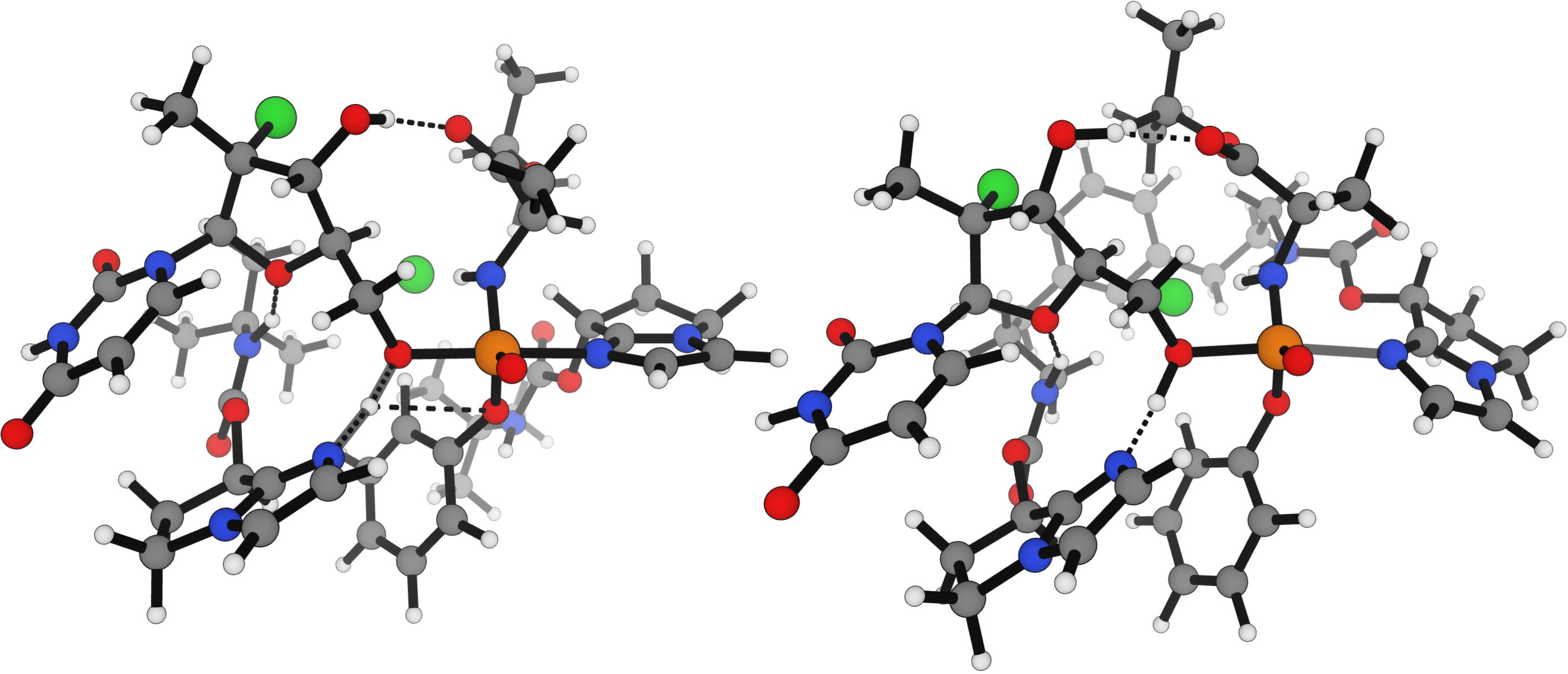 Egret-1 computed structures of the DiRocco transition states for the separate catalysts (left) and linked dimeric catalyst (right).