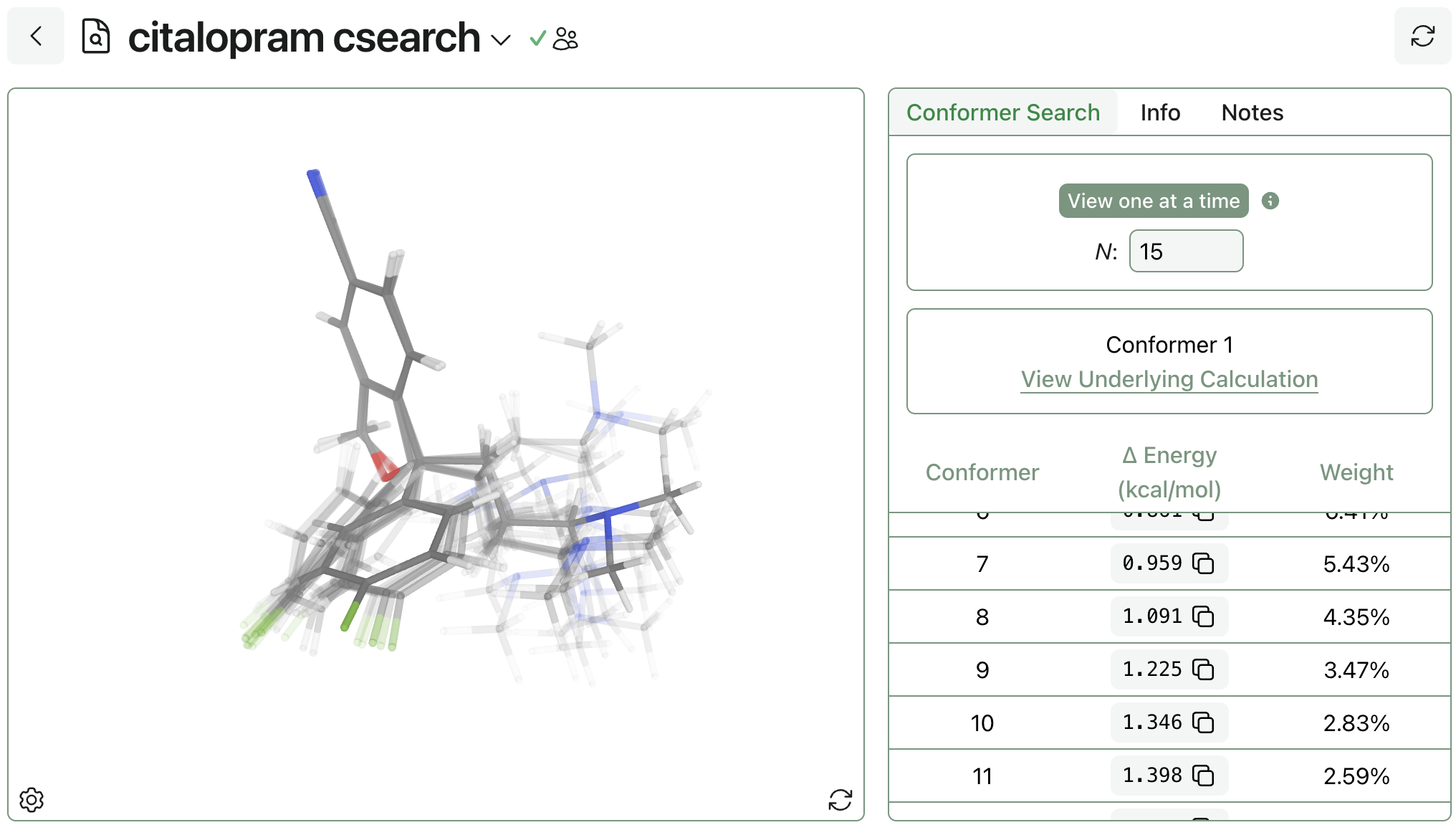 A screenshot of overlaying conformers in Rowan.