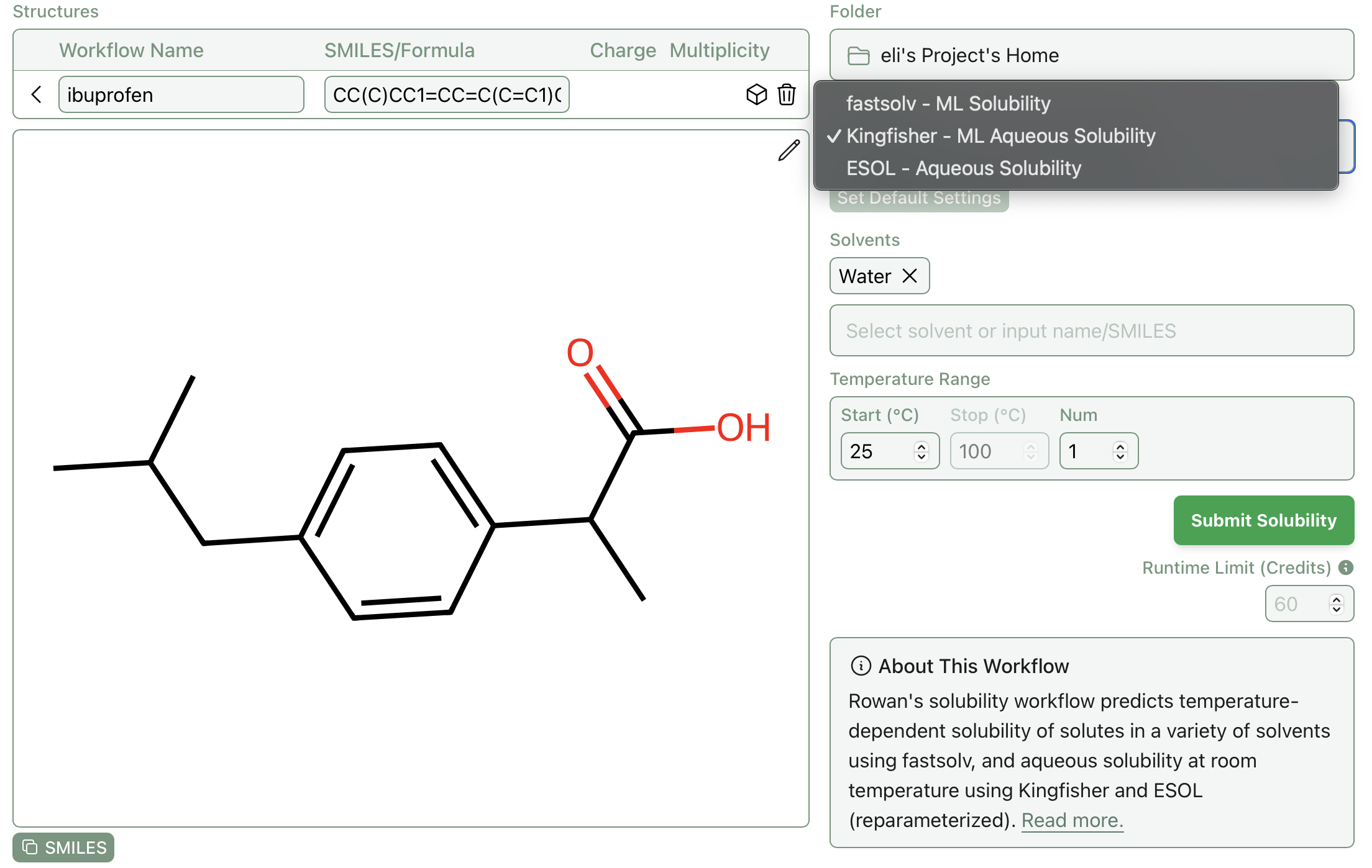 A screenshot of Rowan's submit page for aqueous solubility predictions.